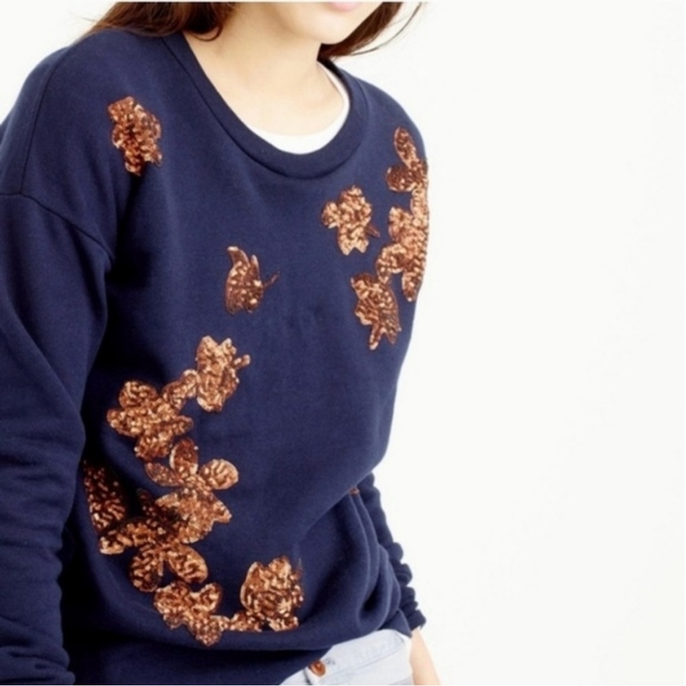Navy Blue Sweater with Copper Floral Accents - J Crew